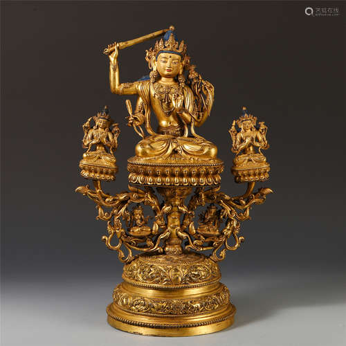 AN UNUSUAL CHINESE TIBETAN GILT BRONZE SEATED BUDDHA