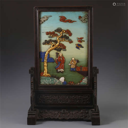 A CHINESE ROSEWOOD CARVED GEM STONE INLAID TABLE SCREEN