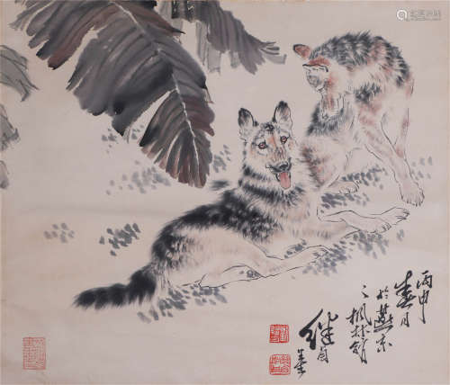 CHINESE HANGING SCROLL OF DOUBLE WOLF BY LIU JIYOU