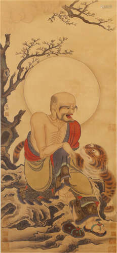CHINESE SILK HANDSCROLL PAINTING OF ARHAT WITH LONG EYEBROWS