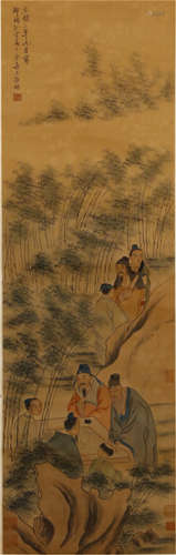 CHINESE SILK HANDSCROLL PAINTING OF SCHOLARS GATHERING BY WAMG ZHENPENG