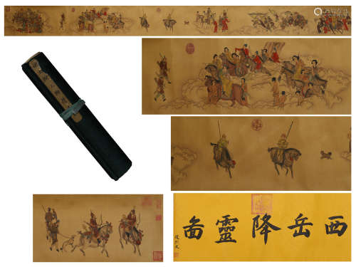 A CHINESE HANDSCROLL PAINTING OF FUGURE ON HORSES BY YAO WENHAN