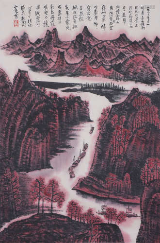 CHINESE HANGING SCROLL INK PAINTING OF MOUNTAIN & CALLIGRAPHY