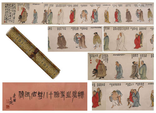 A CHINESE HANDSCROLL PAINTING OF BUDDHISM FIGURES GATHERING