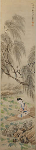 CHINESE SILK HANDSCROLL PAINTING OF FIGURE UNDER THE WILLOWS