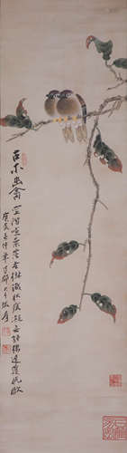 CHINESE HANGING SCROLL OF BIRDS & CALLIGRAPHY BY ZHANG DAQIAN