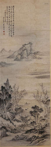 CHINESE HANGING SCROLL OF MOUNTAIN AND CALLIGRAPHY