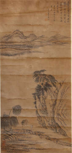 CHINESE HANGING SCROLL OF LANDSCAPE & FIGURD