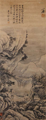 CHINESE HANGING SCROLL OF LANDSCAPE & CALLIGRAPHY