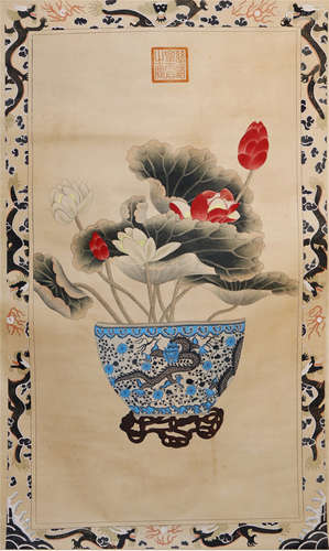 CHINESE HANGING SCROLL OF FLOWERS IN VASE BY CI XI