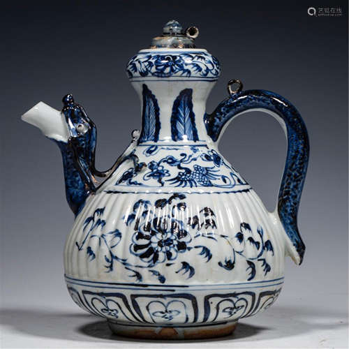 CHINESE BLUE AND WHITE PORCELAIN CARVED FLOWER TEA POT