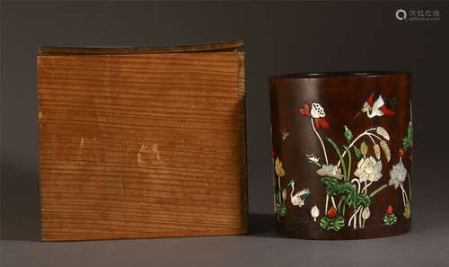 A CHINESE HARDWOOD CARVED INLAID GEM STONE BRUSH POT