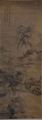 CHINESE HANGING SCROLL OF LANDSCAPE AND CALLIGRAPHY