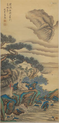 CHINESE SILK HANDSCROLL PAINTING OF LANDSCAPE & FIGURE BY LAN YING