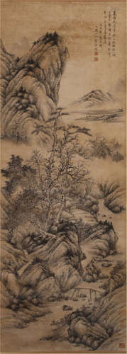 CHINESE HANGING SCROLL OF LANDSCAPE AND CALLIGRAPHY BY LI JIAN