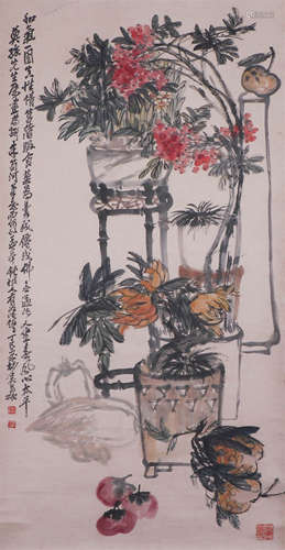 CHINESE HANGING SCROLL OF FLOWER & CALLIGRAPHY BY WU CHANGSHUO