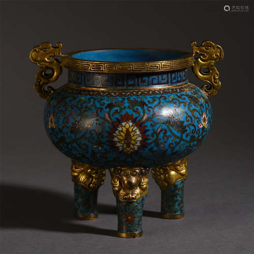 A CHINESE CLOISONNE FLOWER DOUBLE HANDLE TRIPLE FEET CENSER