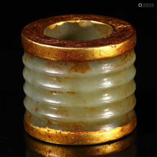 A CHINESE ANCIENT JADE CARVED INLAID GILT ARCHER'S RING