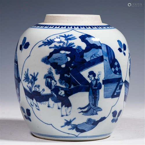 A SMALL CHINESE BLUE AND WHITE PORCELAIN FIGURE JAR