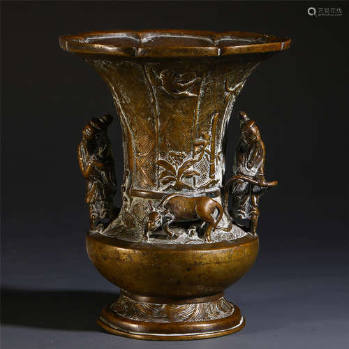 A CHINESE BRONZE CARVED FIGURE & BEAST FLOWER GU VASE