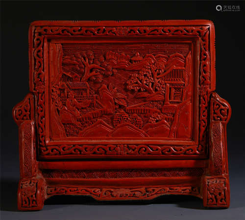 A CHINESE CINNABAR FIGURE CARVED FLOWER TABLE SCREEN