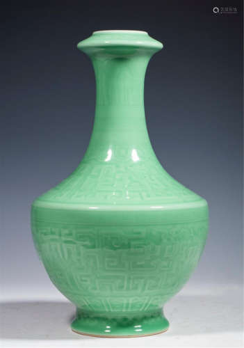 CHINESE PORCELAIN CELADON GLAZE CARVED VIEWS VASE