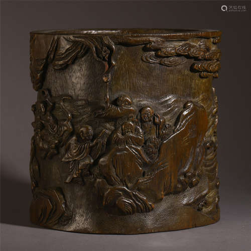 A CHINESE AGALWOOD CARVED FIGURE AND STORY BRUSH POT