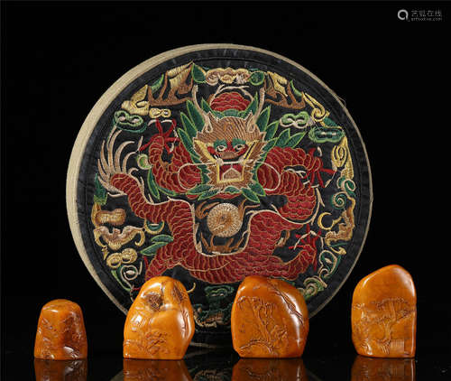 FOUR OF CHINESE TIANHUANG STONE CARVED FIGURE AND STORY SEAL