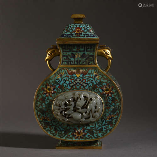 A CHINESE CLOISONNE INLAID JADE CARVED MOON FLASK VASE