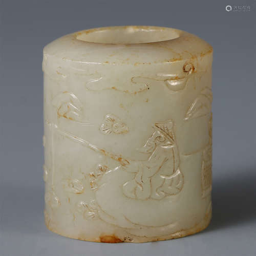 A CHINESE ANCIENT JADE CARVED FIGURE AND STORY ARCHER'S RING