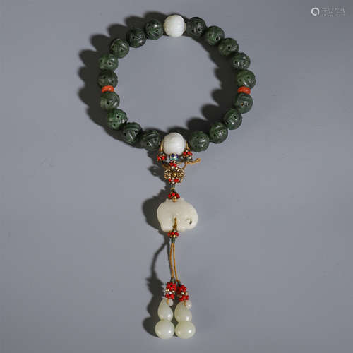 A CHINESE SPINACH JADE CARVED BEAD BUDDHIST BRACELET