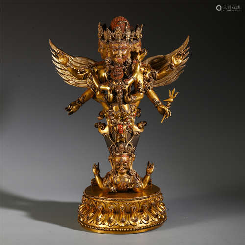 A CHINESE RARE TIBETTAN GILT BRONZE BUDDHA LOTUS STAND