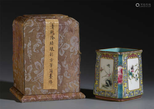 A CHINESE PORCELAIN ENAMEL FLOWER SQUARE BRUSH POT