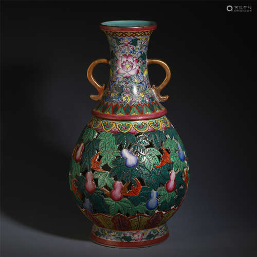 A CHINESE PORCELAIN CARVED FLOWER DOUBLE HANDLE VASE