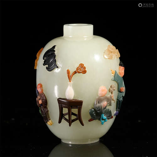 A CHINESE JADE CARVED GEM STONE INLAID SNUFF BOTTLE