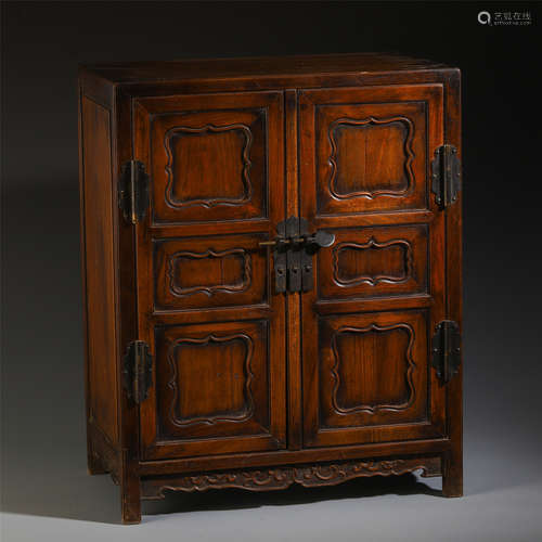 A CHINESE HARDWOOD CASE CARVED DOUBLE DOOR CABINET