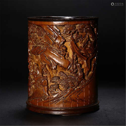 A CHINESE BAMBOOCARVED FIGURE AND STORY BRUSH POT