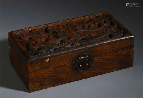 A CHINESE ROSEWOOD CARVED DRAGON PATTERN BOX