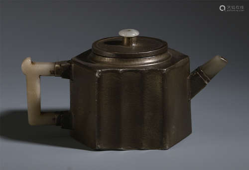 A CHINESE SILVER ZISHA CLAY CARVED TEA POT