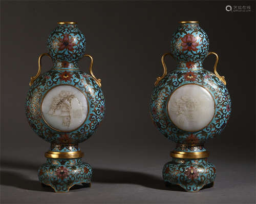 A PAIR OF CHINESE CLOISONNE INLAID JADE CARVED MOON FLASK VASE