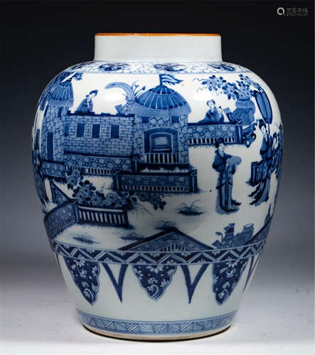 AN ANCIENT CHINESE BLUE AND WHITE PORCELAIN FIGURE JAR