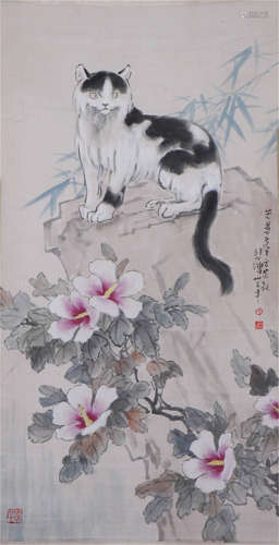 CHINESE HANGING SCROLL OF CAT AND FLOWER BY XU BEIHONG