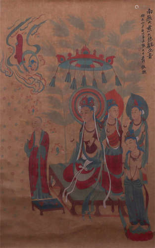 CHINESE SILK HANDSCROLL PAINTING OF BUDDHISM FIGURES GATHERING