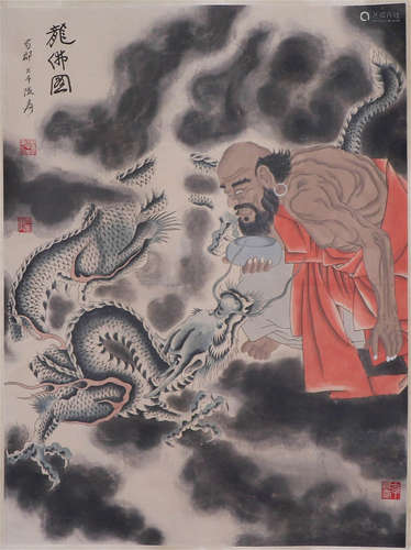 CHINESE HANGING SCROLL OF DRAGON AND ARHAT BY ZHANG DAQIAN