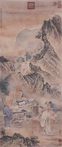 CHINESE HANGING SCROLL OF FIGURE GATHERING BY DING GUANPENG