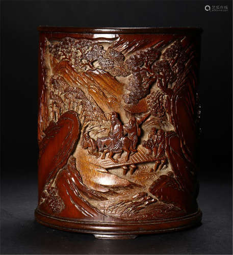 A CHINESE BAMBOOCARVED FIGURE PATTERN BRUSH POT