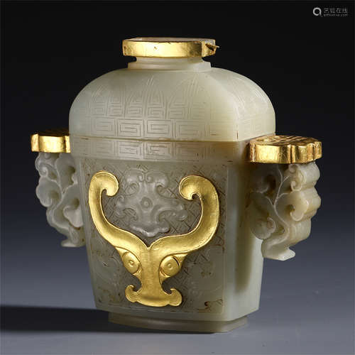 A CHINESE JADE CARVED INLAID GILT LIDDED VASE