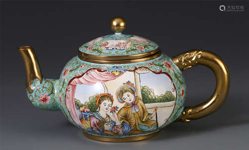 A CHINESE BRONZE ENAMEL FLOWER FIGURE TEAPOT