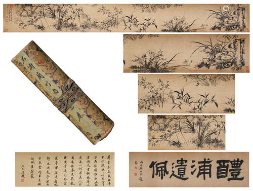 A CHINESE HANDSCROLL PAINTING OF FLOWER & CALLIGRAPHY BY SHITAO