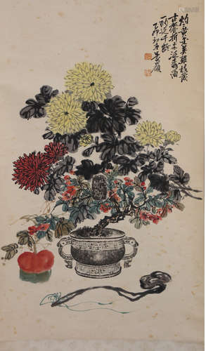 CHINESE SILK HANDSCROLL PAINTING OF FLOWERS BY WU CHANG SHUO